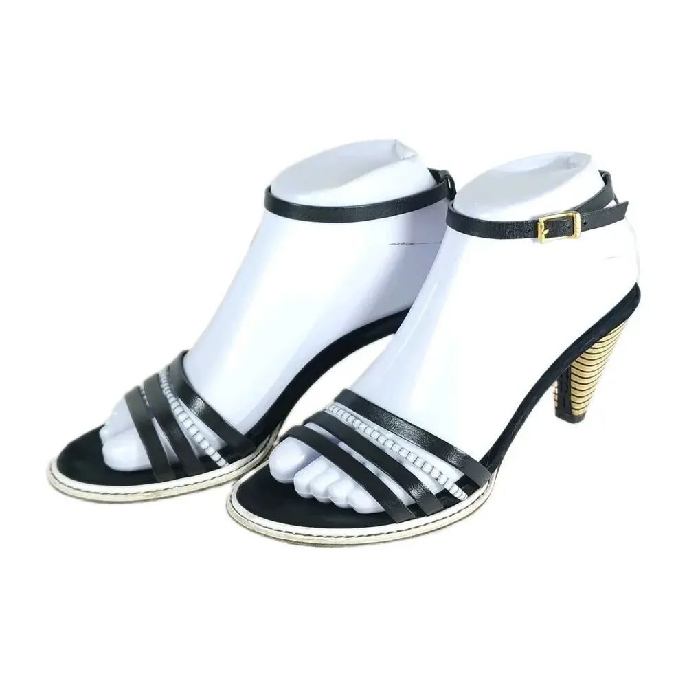 Fendi Women's US6,5 EU37 Black Leather Stacked Heel Ankle Strap Strappy Sandals